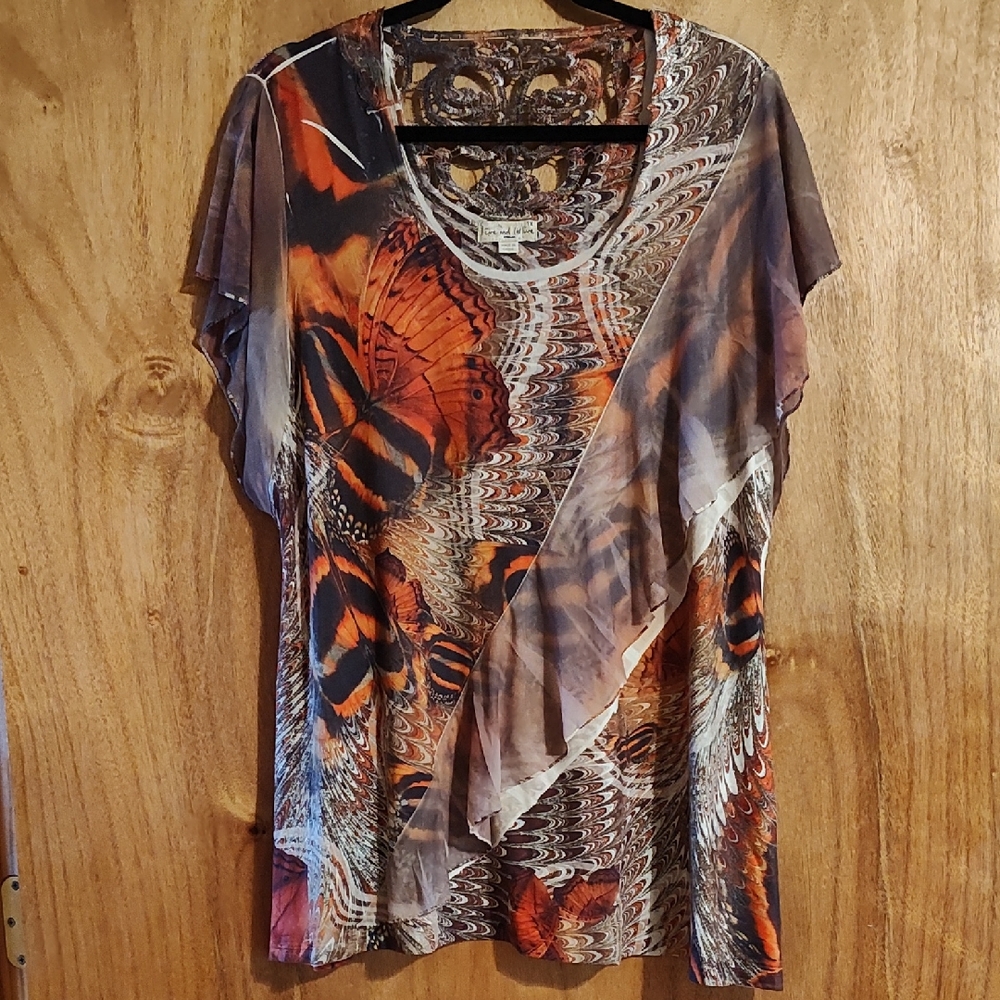 Live And Let Live Flutter Sleeve Top Orange & Brown Butterfly Crocheted Back 1X